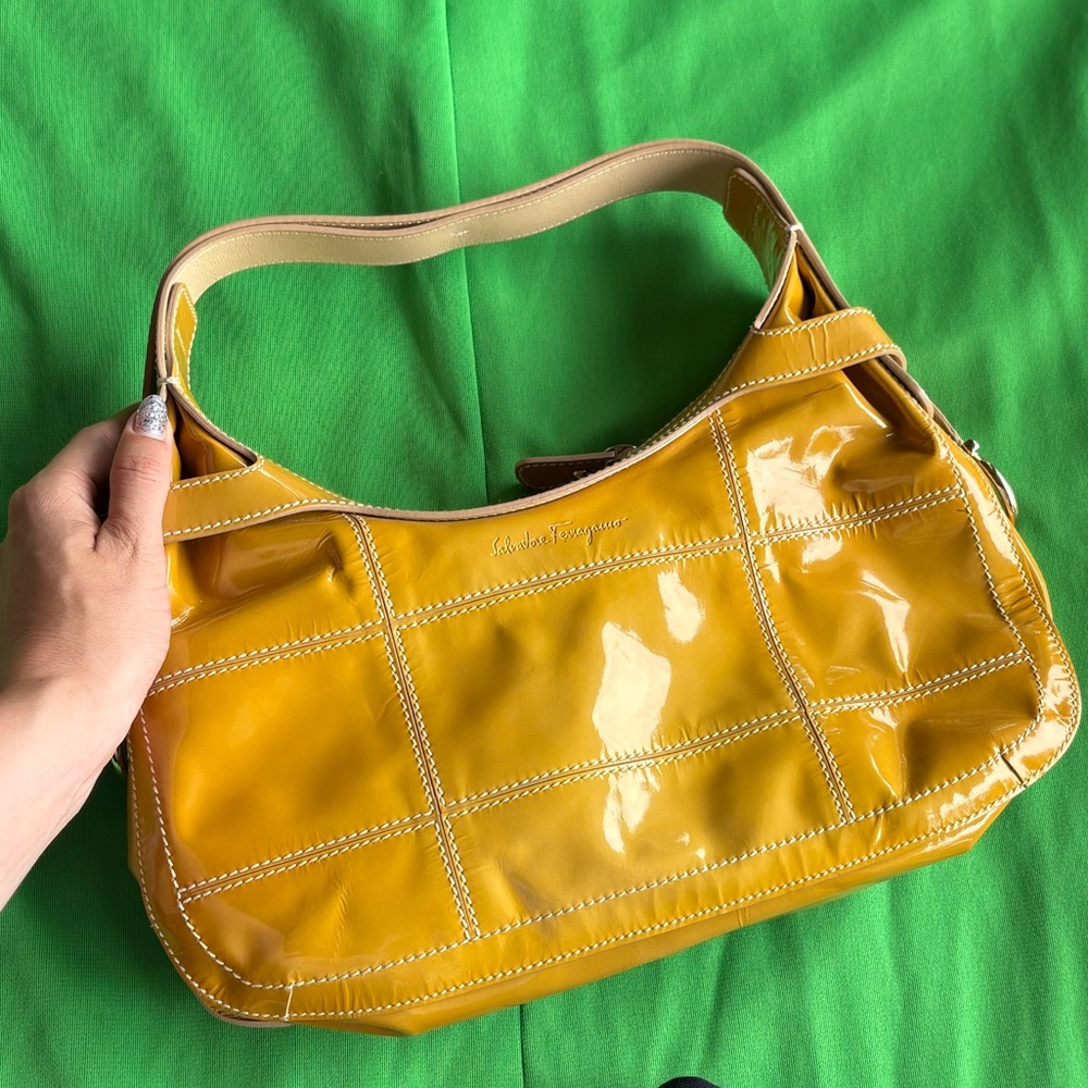 Vintage Salvatore Ferragamo Patent Leather Shoulder Bag in Mustard Yellow